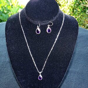 Sterling Silver and Amythyst Necklace and Pierced Earring Set
